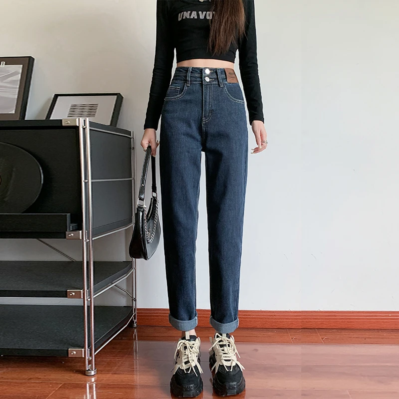 春季2025新款哈伦牛仔裤女双扣高腰显瘦显高宽松百搭老爹萝卜裤子