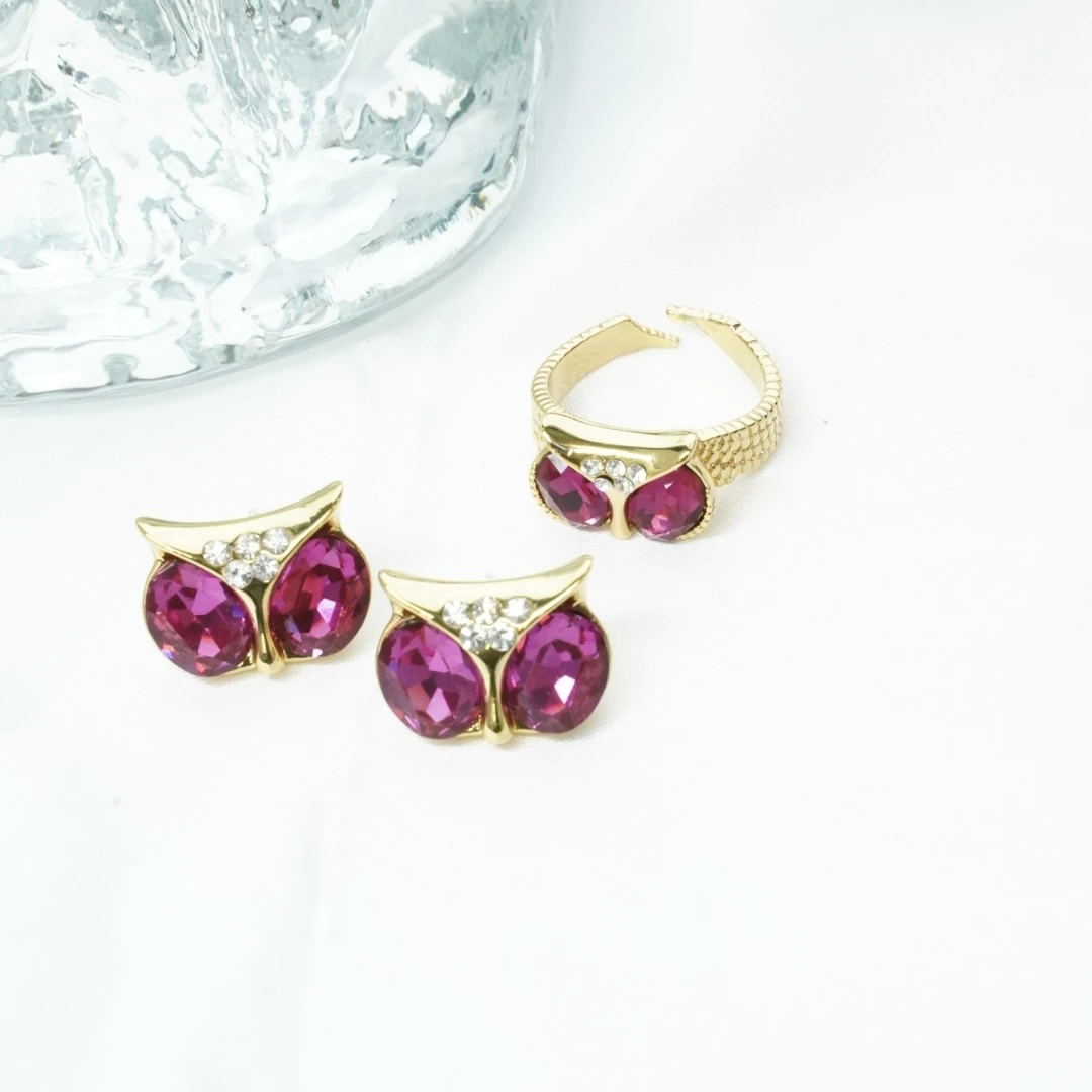 AOPOSS白姿 镀K金 [大眼猫头鹰]戒指耳针夹原创中古