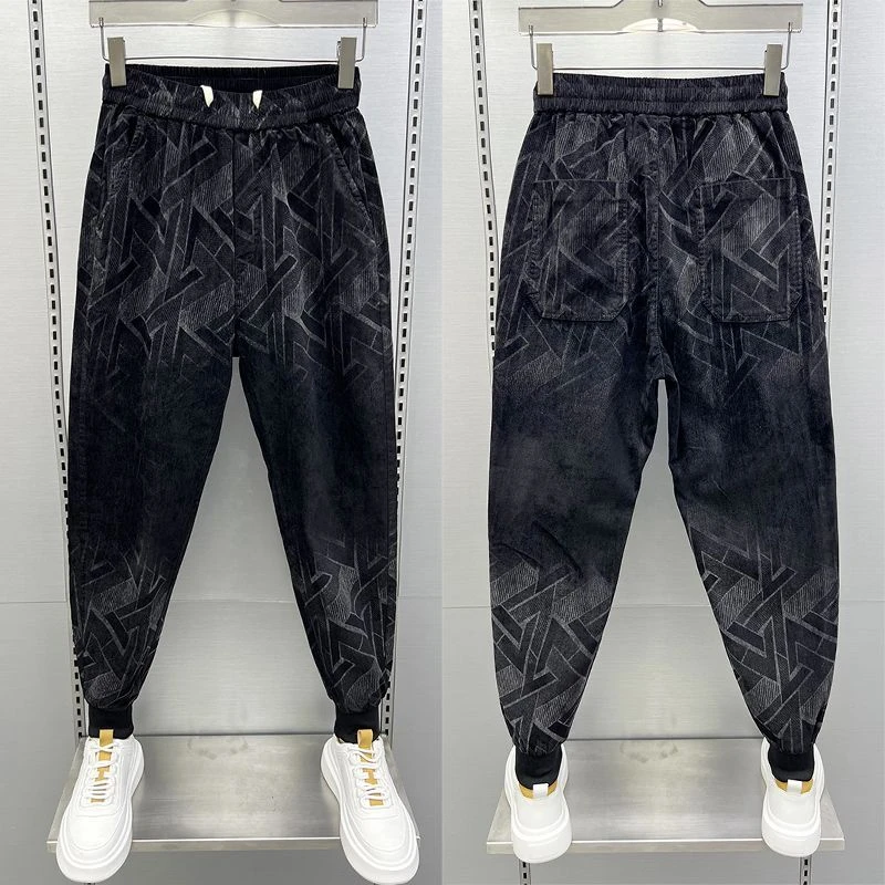 春秋季弹力印花宽松男裤修身时尚休闲裤男款美式高街雪尼尔百搭