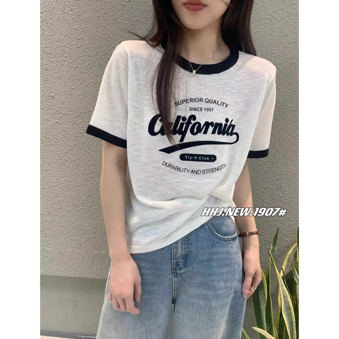 /雪花竹节/撞色正肩针织衫女夏新宽松字母提花上衣女93110