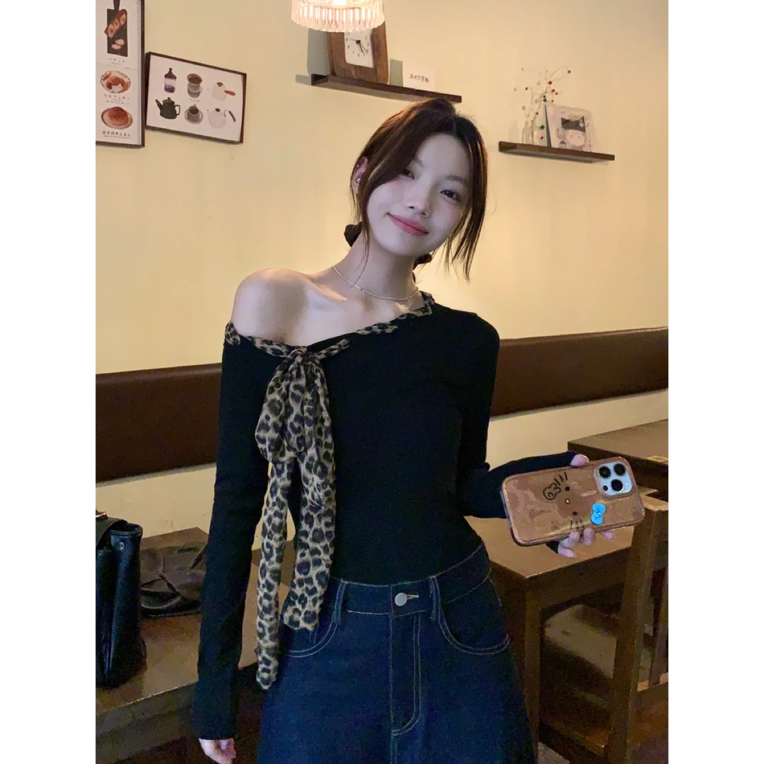 L & L 云云【黑胶唱片】豹纹蝴蝶结一字斜肩上衣秋季针织打底衫873