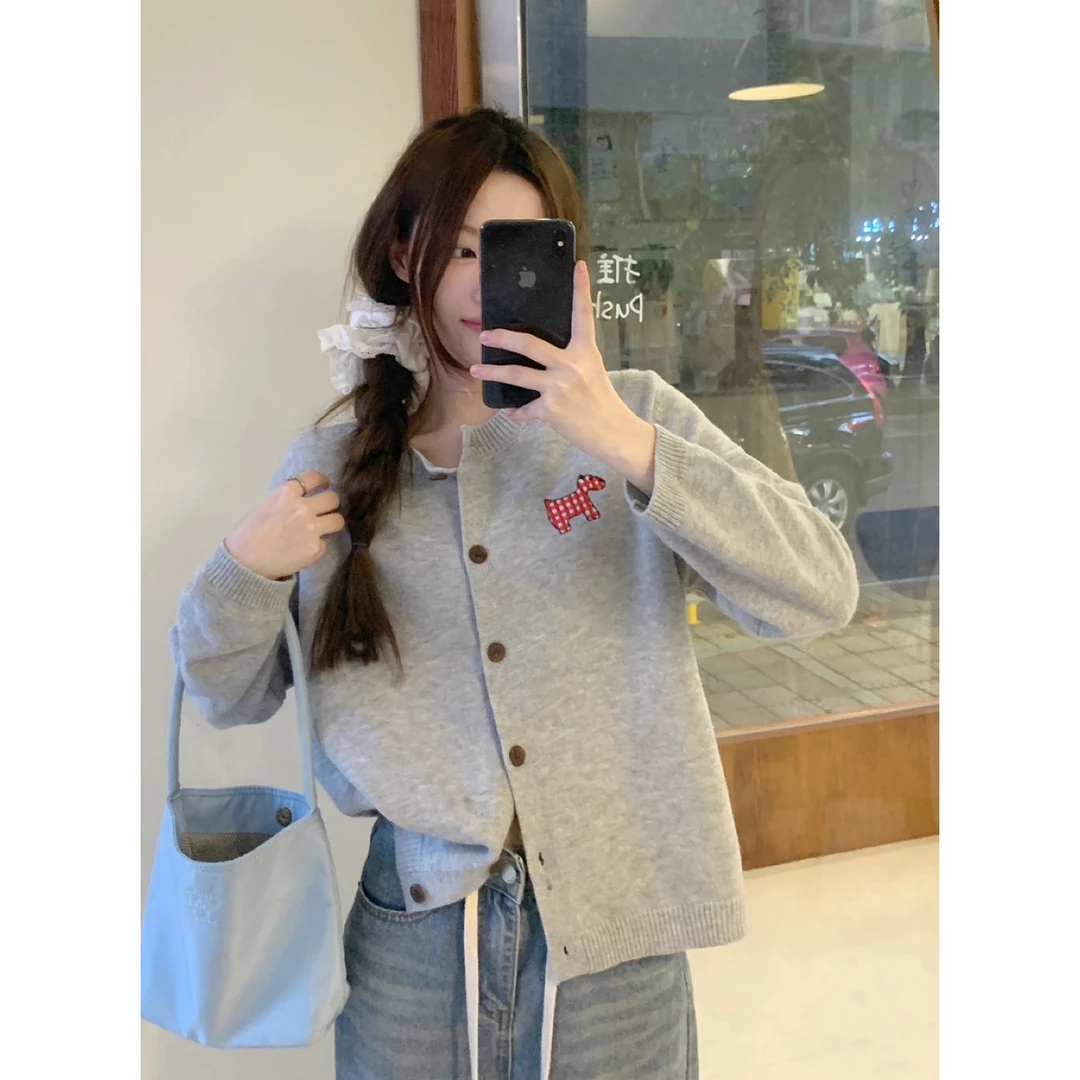 【乖乖女】小狗贴布糖果色甜美针织开衫2024秋季新款外套森女Y722