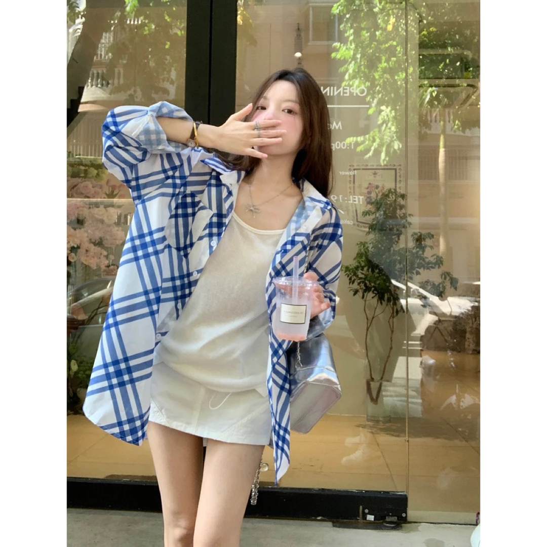 [不规则衬衫]蓝色格子设计感秋季新款宽松显瘦衬衫外套Y725