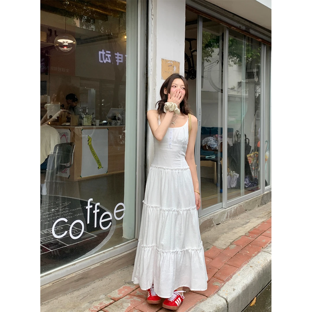 雪猿【浪漫假日】极简优雅收腰小白裙花边领仙女吊带连衣裙春夏Y801