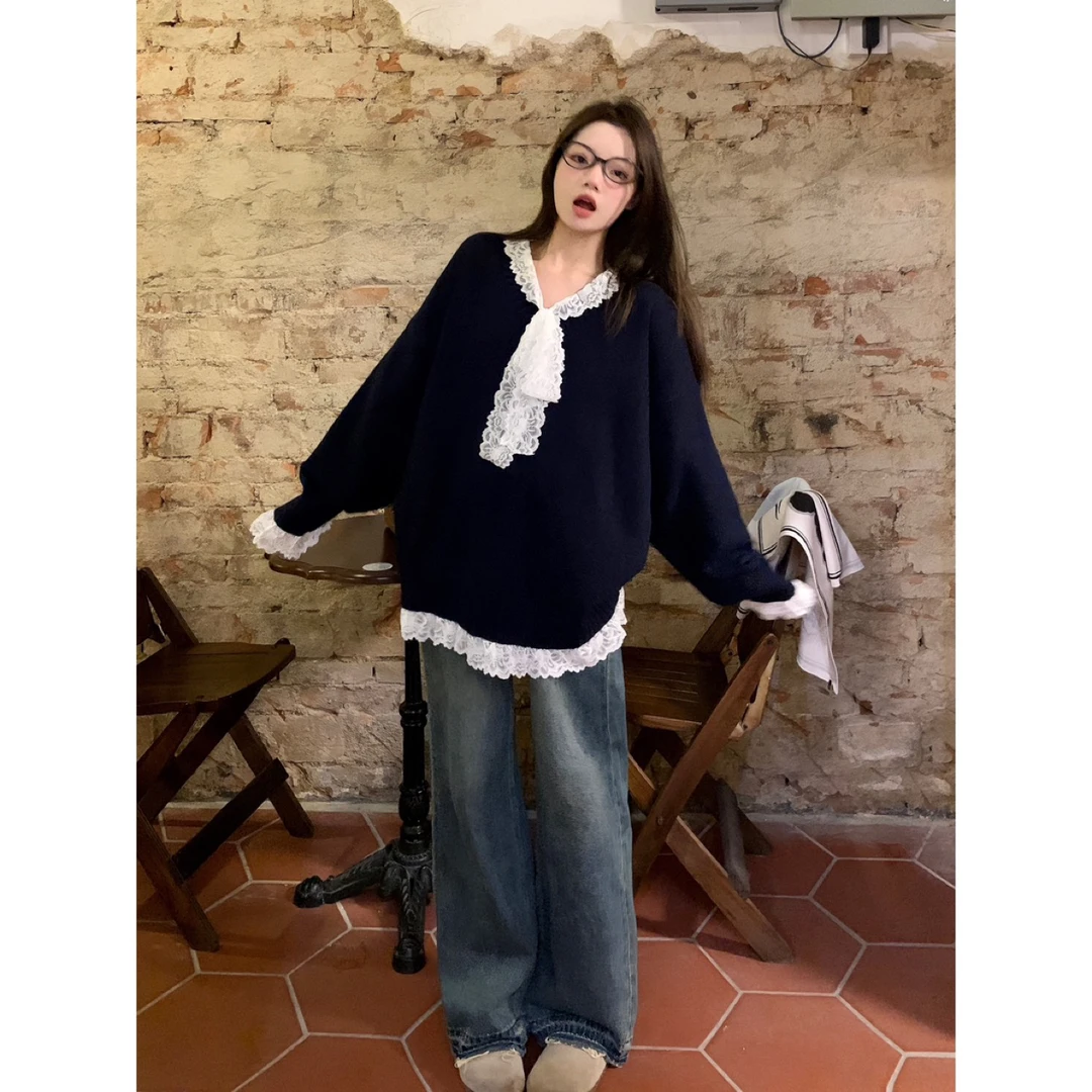 蕾丝拼接时尚百搭针织衫毛衣女秋冬季套头宽松加厚慵懒风外穿上衣