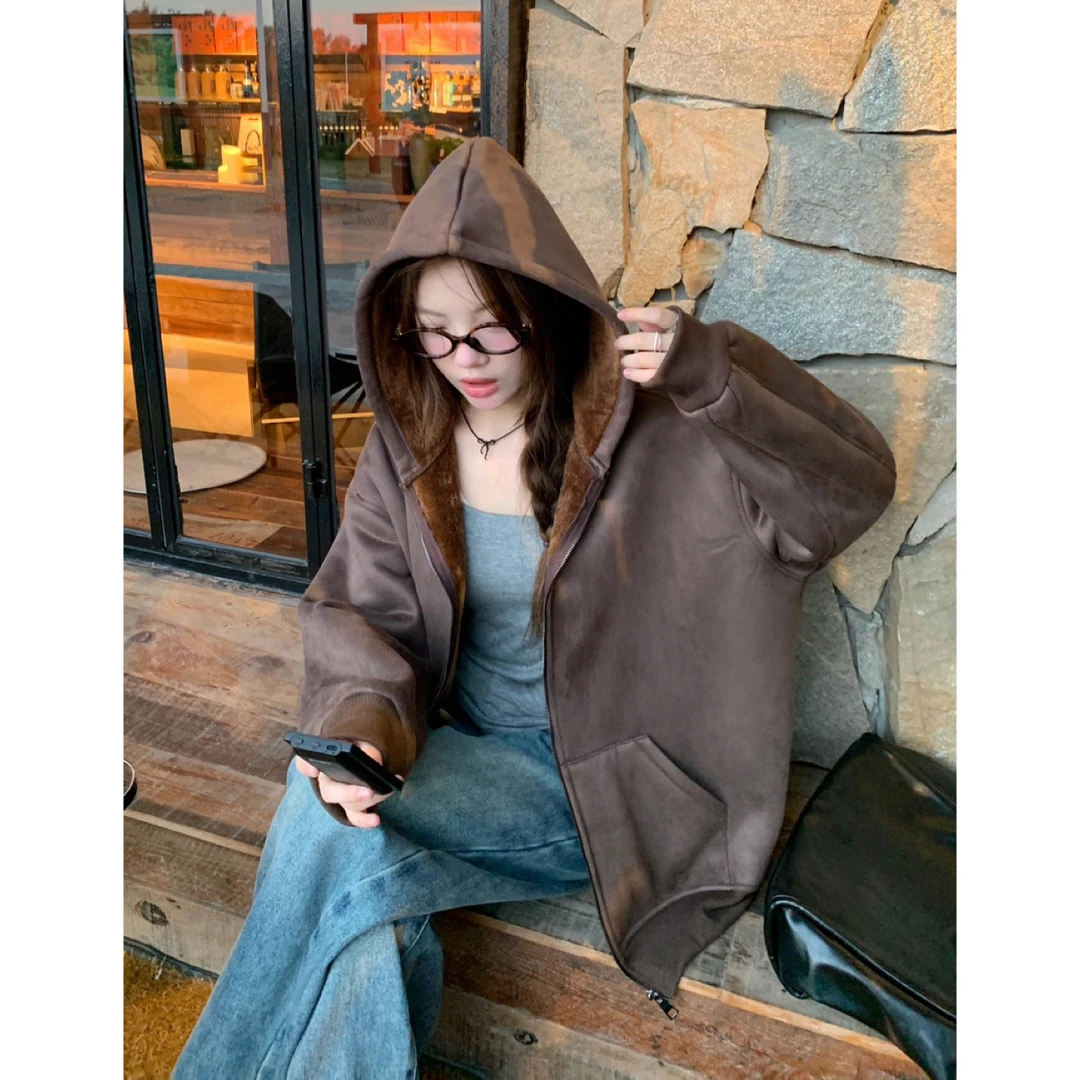 秋冬季保暖宽松连帽卫衣外套女加绒加厚百搭休闲上衣