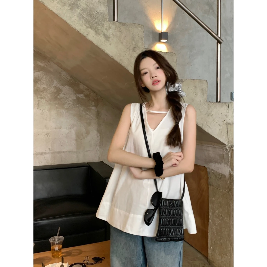 前后两穿韩版宽松V领上衣夏季休闲减龄慵懒风背心外穿