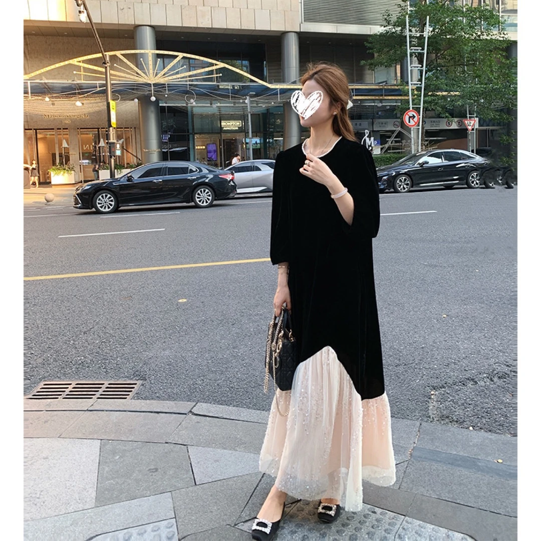 【高光派对】拼接亮片网纱气质显贵黑色丝绒连衣裙