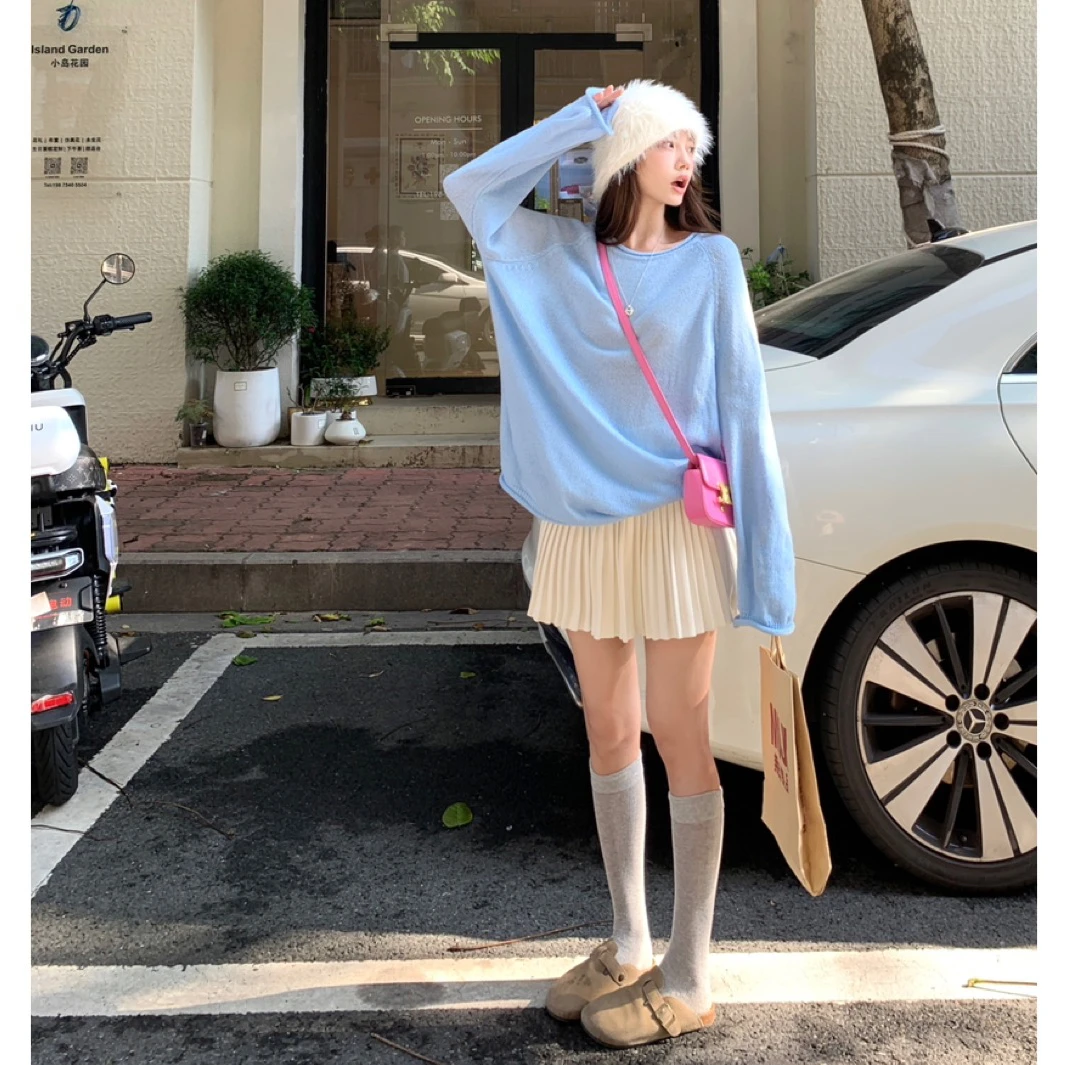 小秋晴香~chao好！韩系慵懒显瘦圆领卷边设计宽松套头毛针织衫上衣