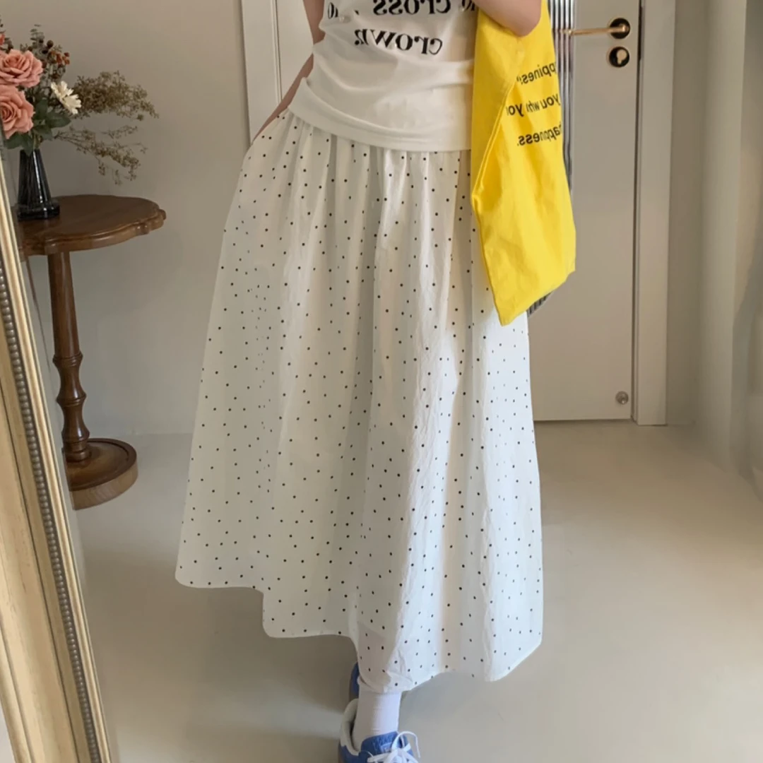 温柔风波点半身长裙女简约松紧腰遮胯显瘦a字超仙裙子夏0880