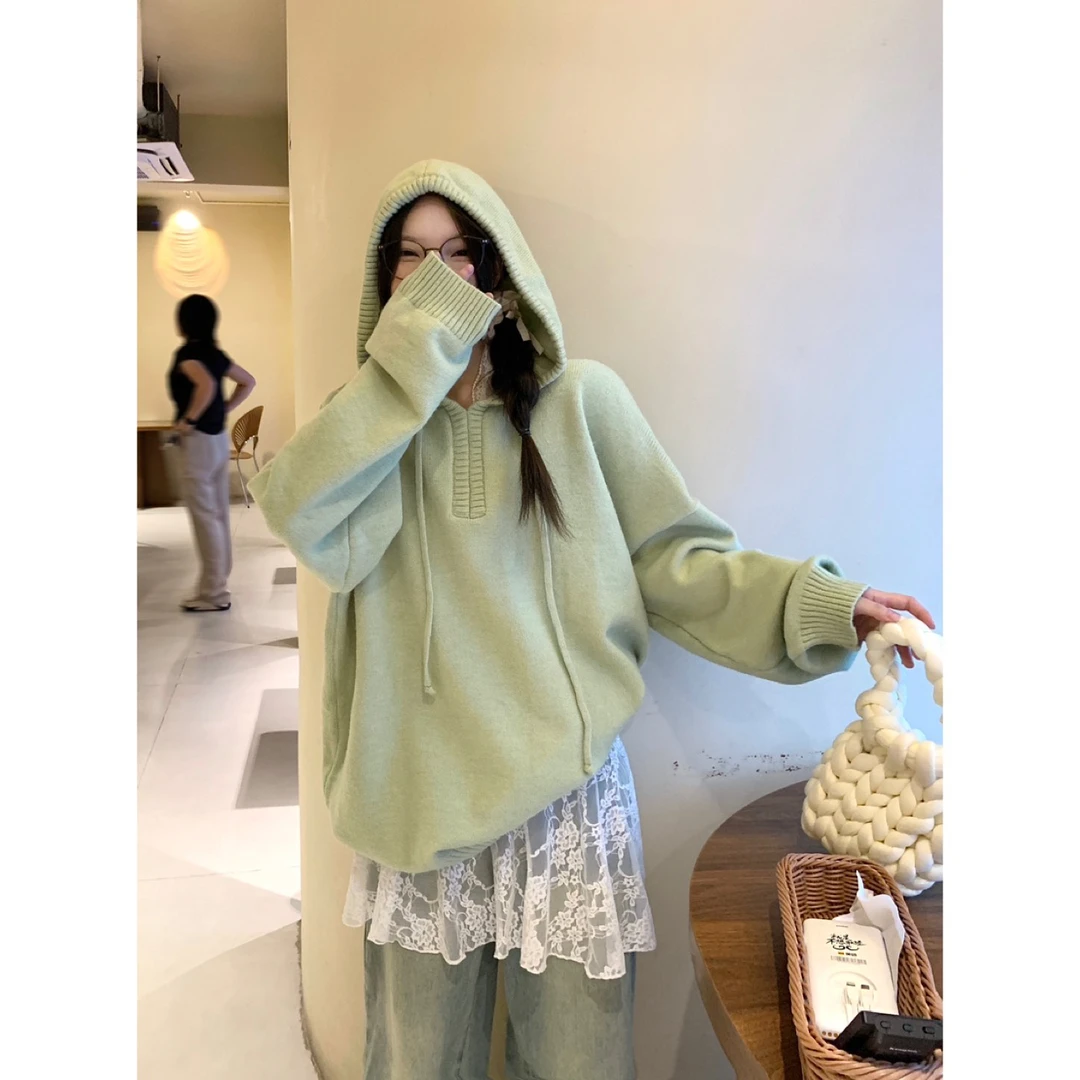 明星同款慵懒风毛衣针织衫套头男女生oversize连帽衫