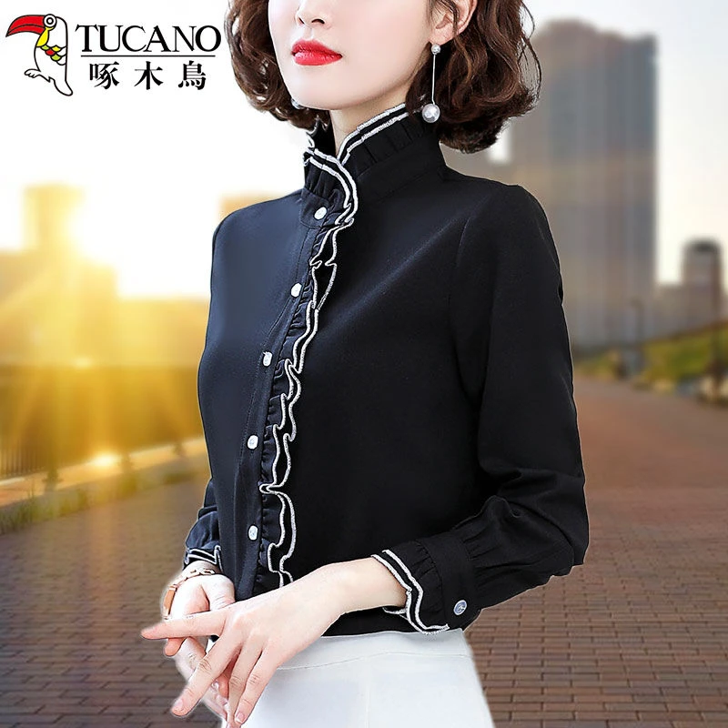 啄木鸟衬衫女长袖春秋新款中年妈妈雪纺衬衣小个子立领打底衫上衣