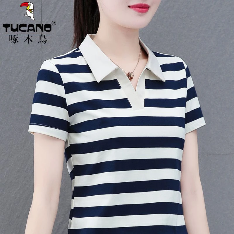 啄木鳥夏季新款条纹短袖纯棉t恤女polo领休闲上衣显瘦翻领运动T恤
