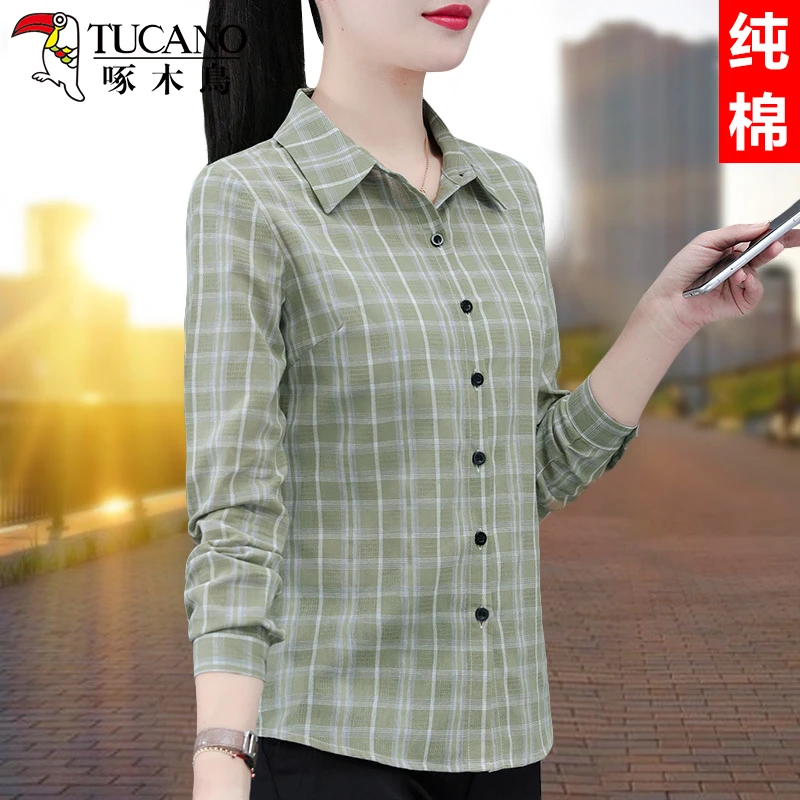 【官方】啄木鳥纯棉格子衬衫女长袖春秋季新款中年妈妈显瘦百搭衬衣