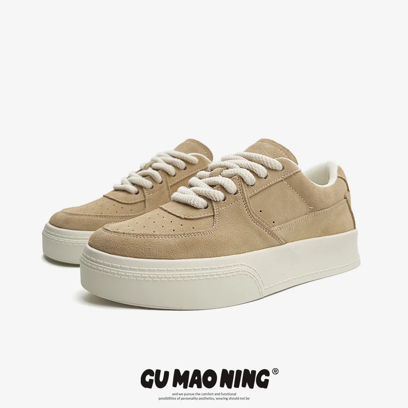 厚底增高板鞋男潮流百搭软底日系复古设计感小众翻毛皮滑板鞋纯色