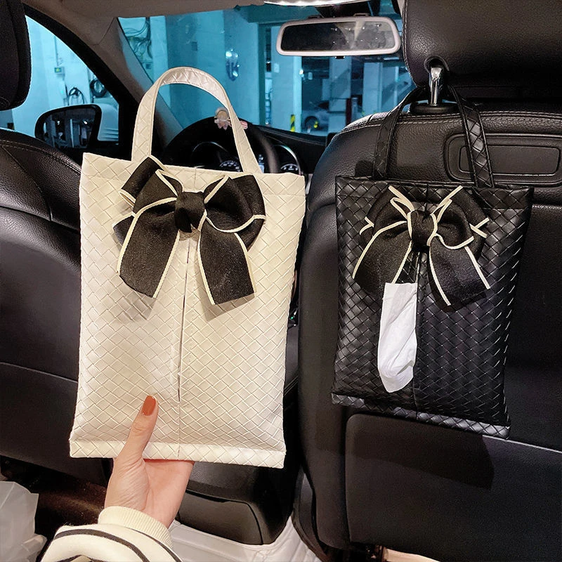 车载纸巾盒车内纸抽盒汽车挂式抽纸盒蝴蝶结二合一车用纸巾挂袋女