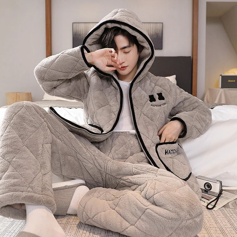 睡衣男士三层夹棉秋冬季加厚加绒保暖珊瑚绒超厚棉袄连帽家居服