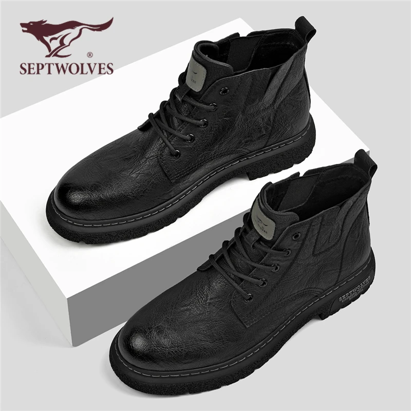 七匹狼黑色男士靴子2025秋季新款复古工装靴英伦高帮通勤马丁靴男