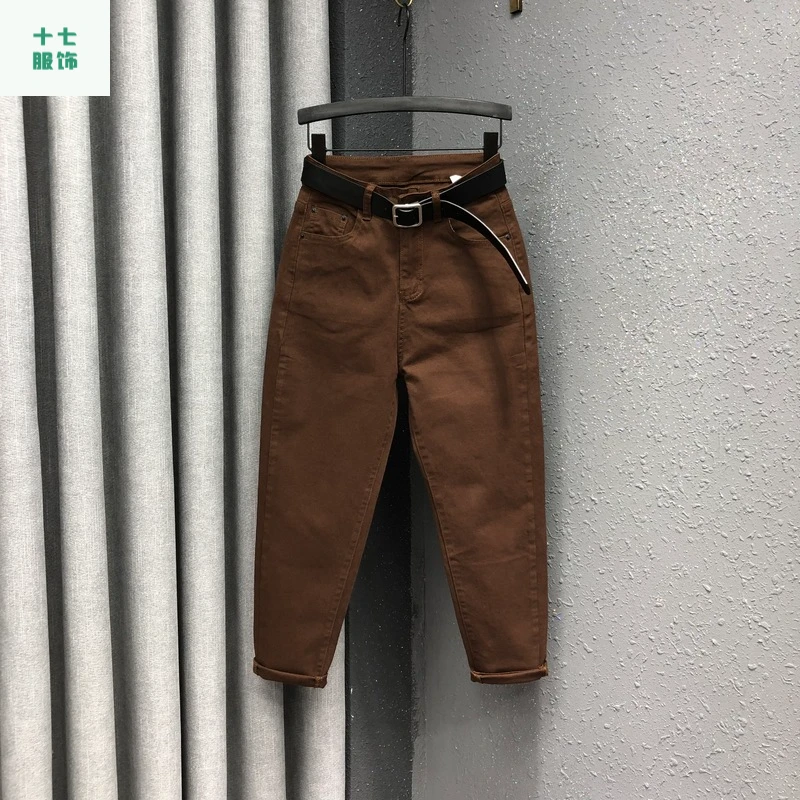 深咖啡色哈伦牛仔裤女冬季加绒高腰修身休闲百搭显瘦小脚老爹裤子