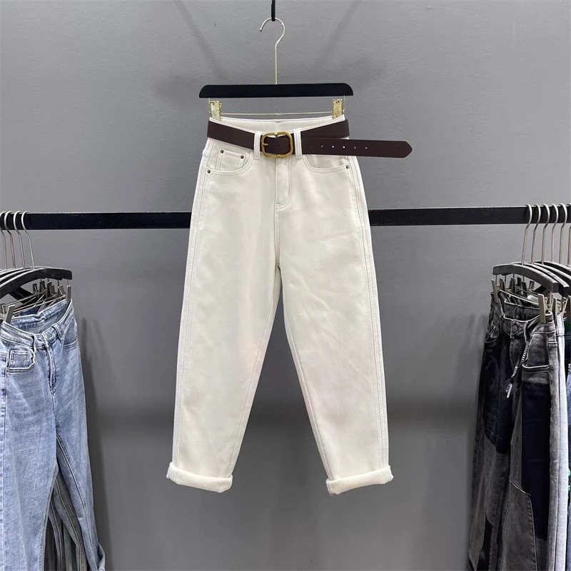 米白色高腰哈伦牛仔裤2025年冬季加绒宽松休闲爆款正品老爹裤子女