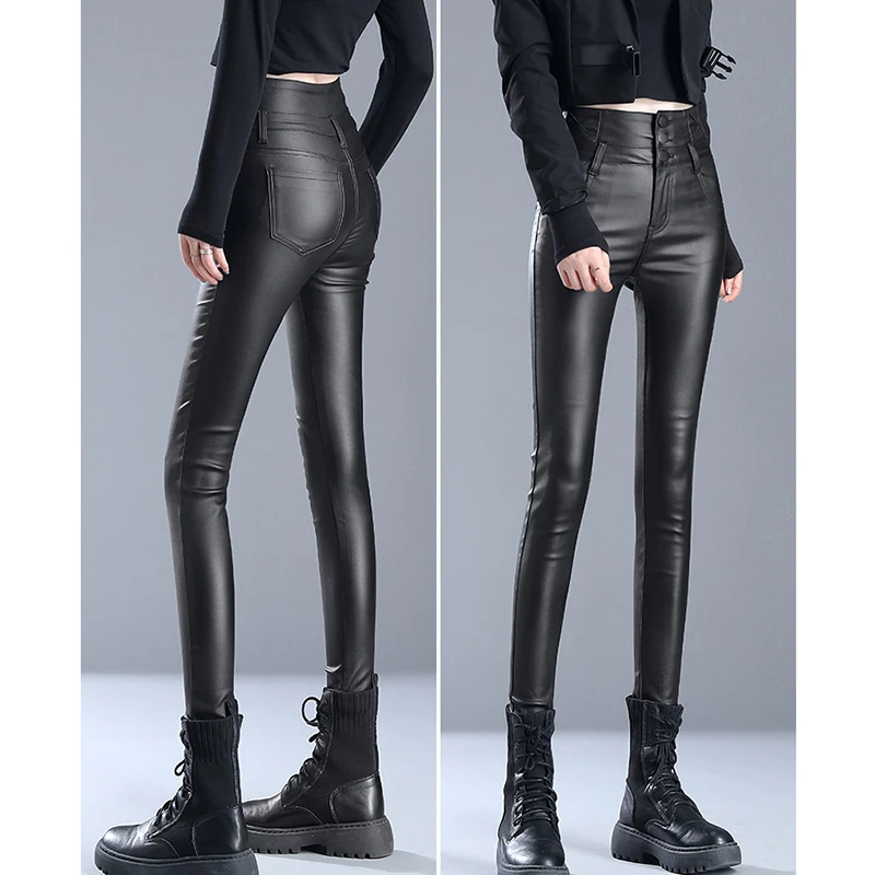 黑色新款亚光皮裤女士高腰爆款秋冬季加绒加厚显瘦加长小脚打底裤