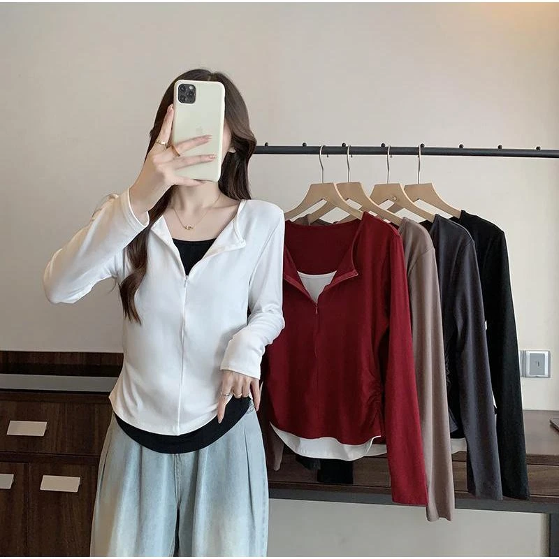 2024秋装新款胖mm大码女休闲撞色假两件半开领时尚长袖T恤