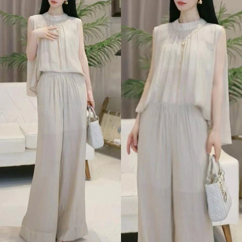 时尚气质高级感简约无袖上衣阔腿裤两件套女2024夏季新款显瘦套装