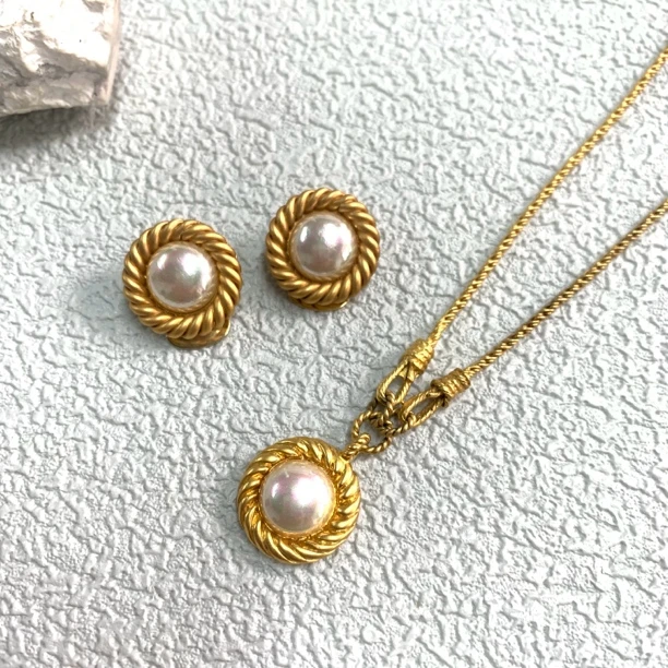 铜合金项链 【六六中古】孤品复古项链耳夹套装th297