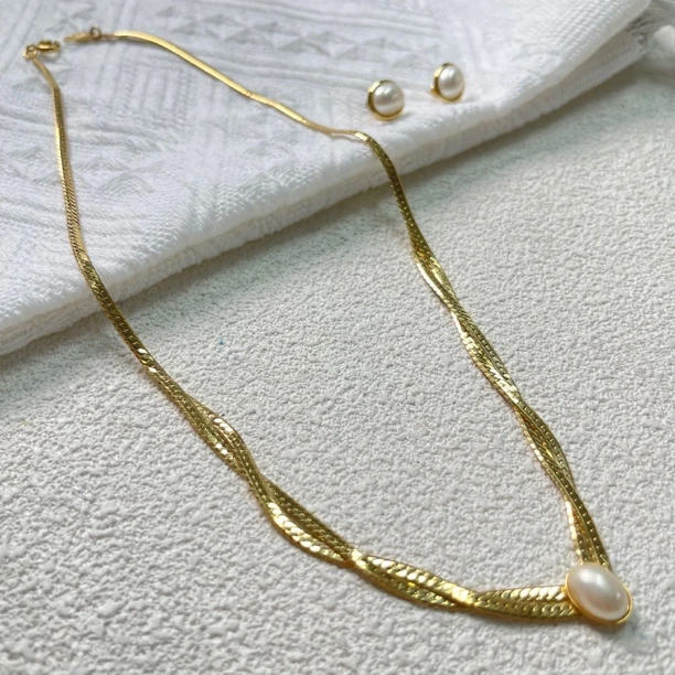 铜合金仿珍珠项链 【六六中古】孤品复古项链耳钉套装th423链长46cm