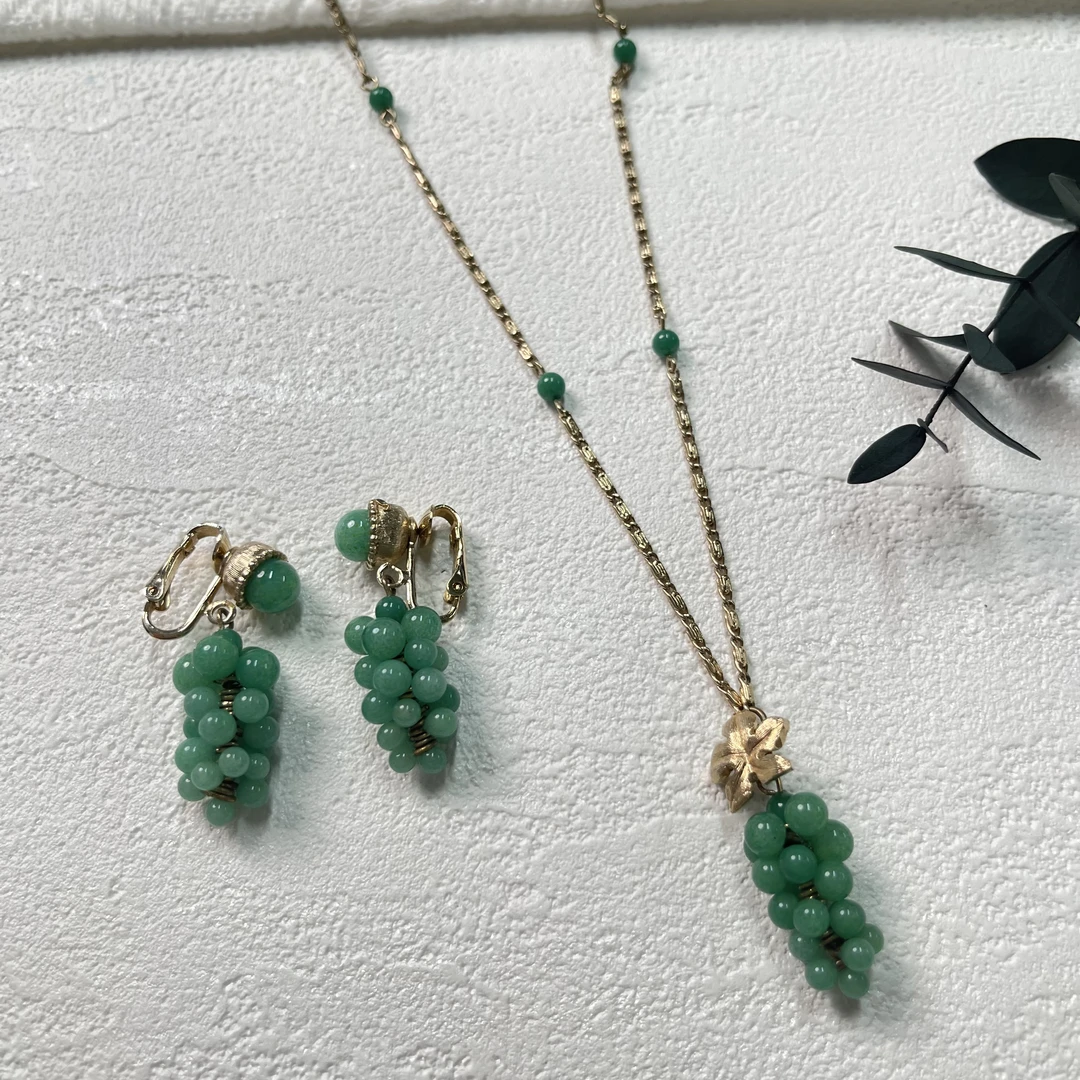 铜合金琉璃项链 【六六中古】孤品复古项链耳夹套装th717链长45cm