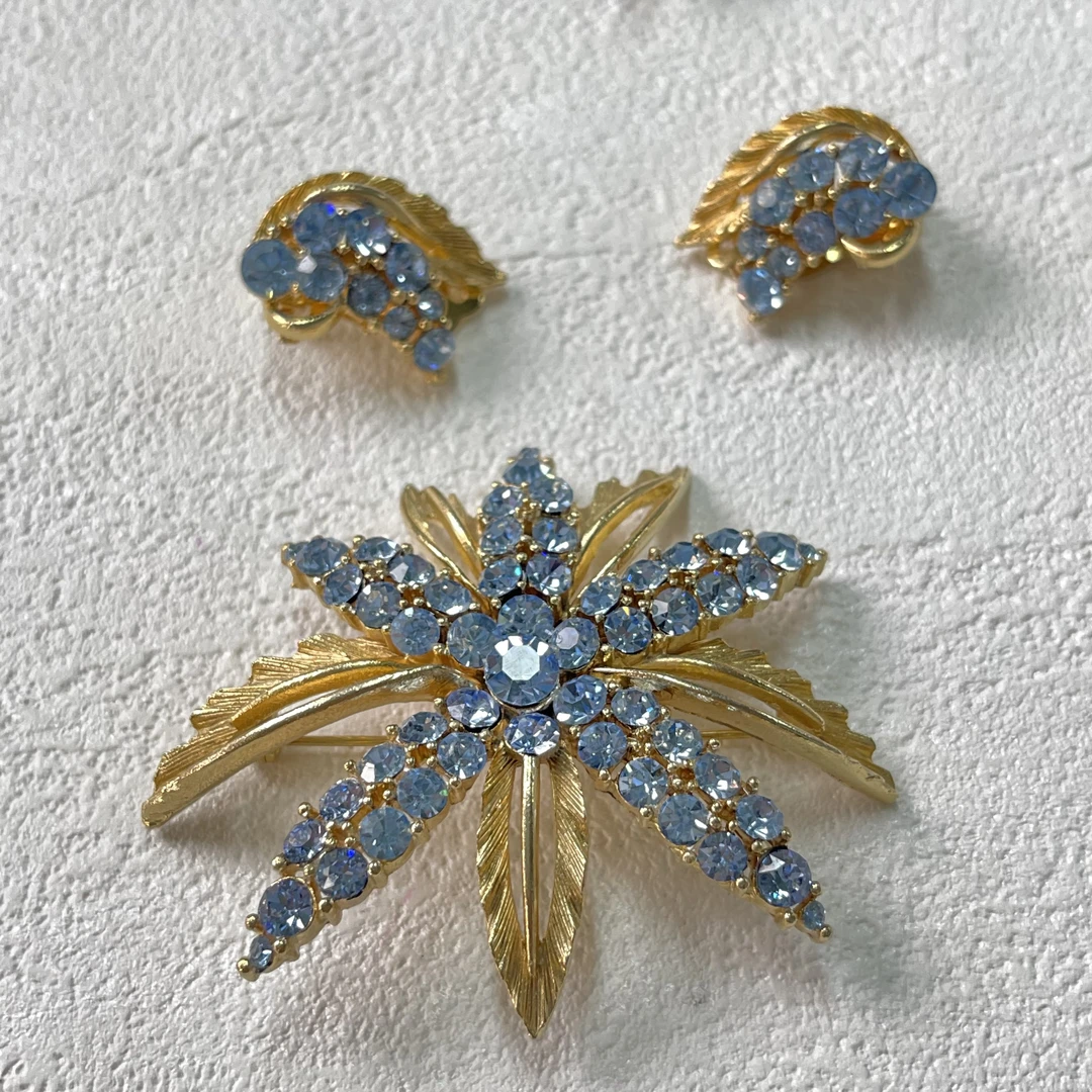 铜合金合成锆石胸针 【六六中古】孤品复古胸针耳夹套装th1239