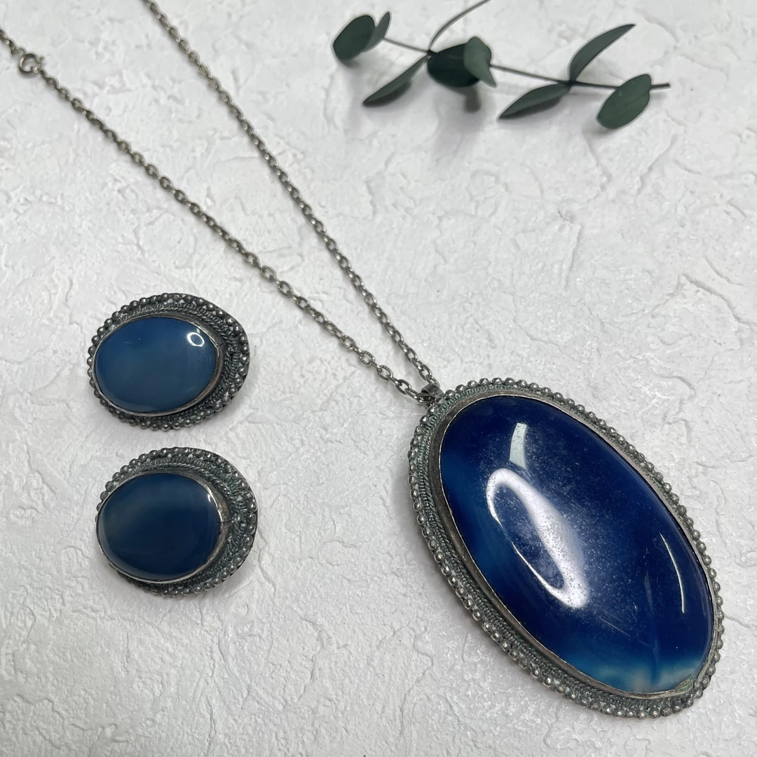 坠链均925银玻璃 【六六中古】孤品复古项链耳夹套装th3285链长60cm