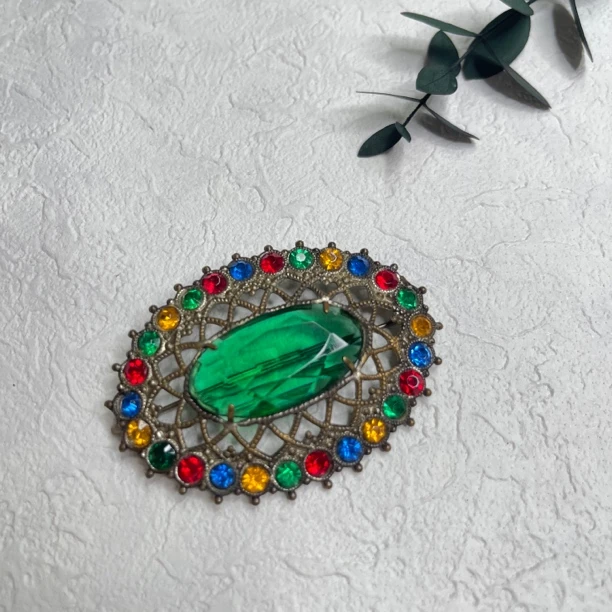 铜合金玻璃胸针 【六六中古】孤品复古胸针ad4268