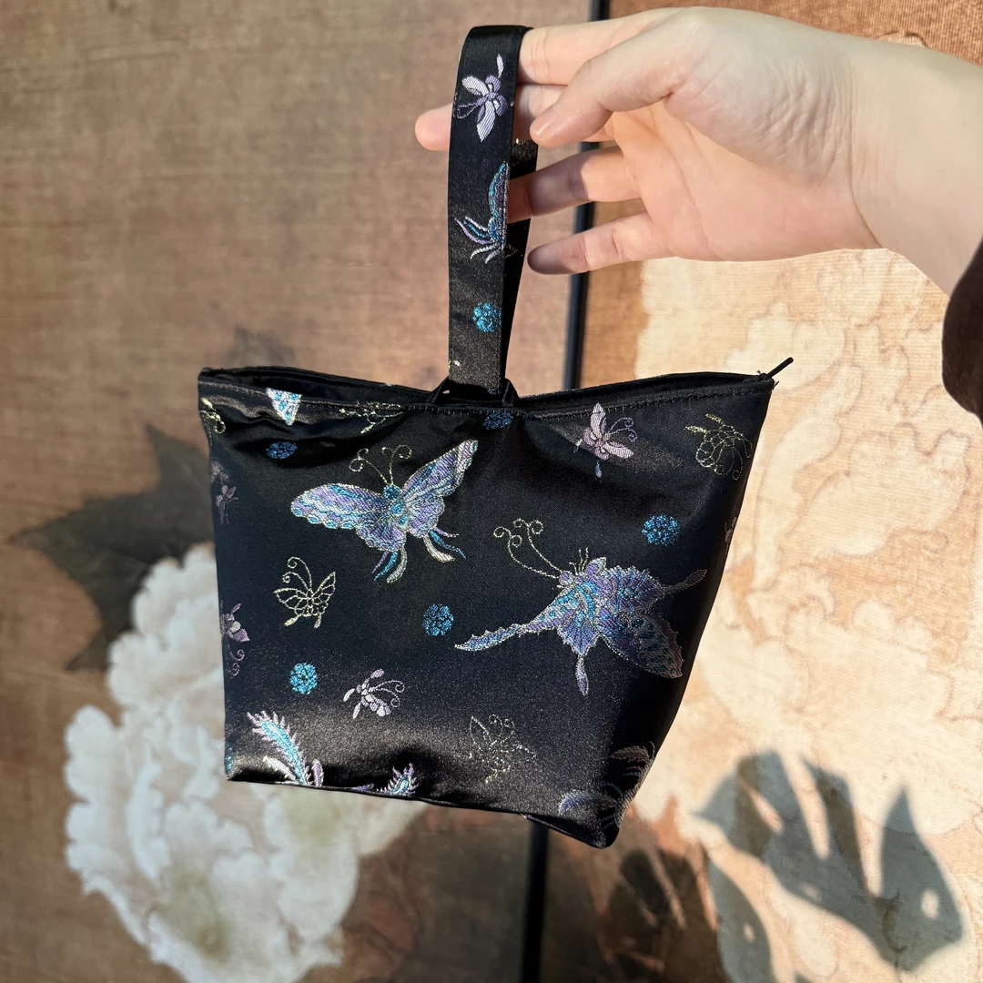 黑色彩蝶一字手提茶具收纳包YCQB