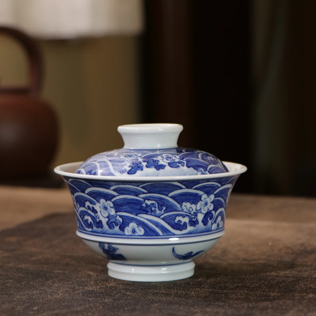 【雲梦】月造见物-青花海浪纹盖碗(YZJW00023)