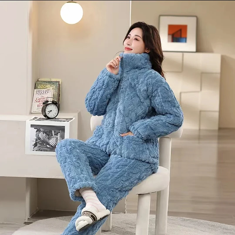 【提花款】睡衣女冬季加厚加绒三层超厚夹棉睡袄拉链可外穿家居服