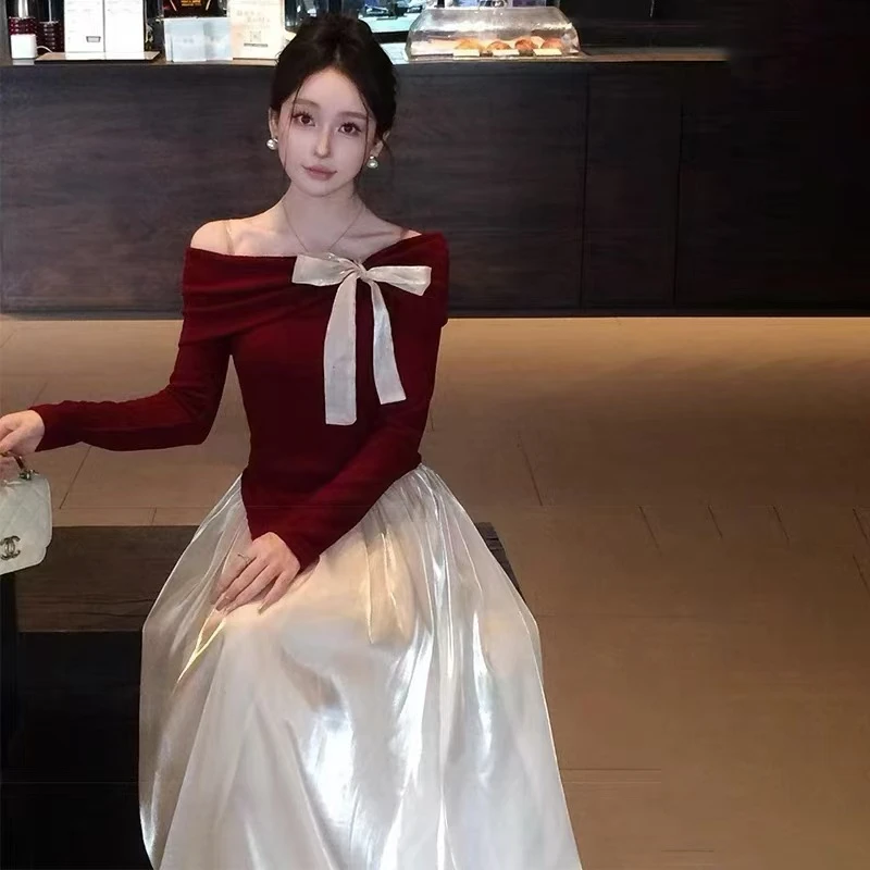 富家千金法式两件套女秋季2024新款一字领针织衫流光感半身裙