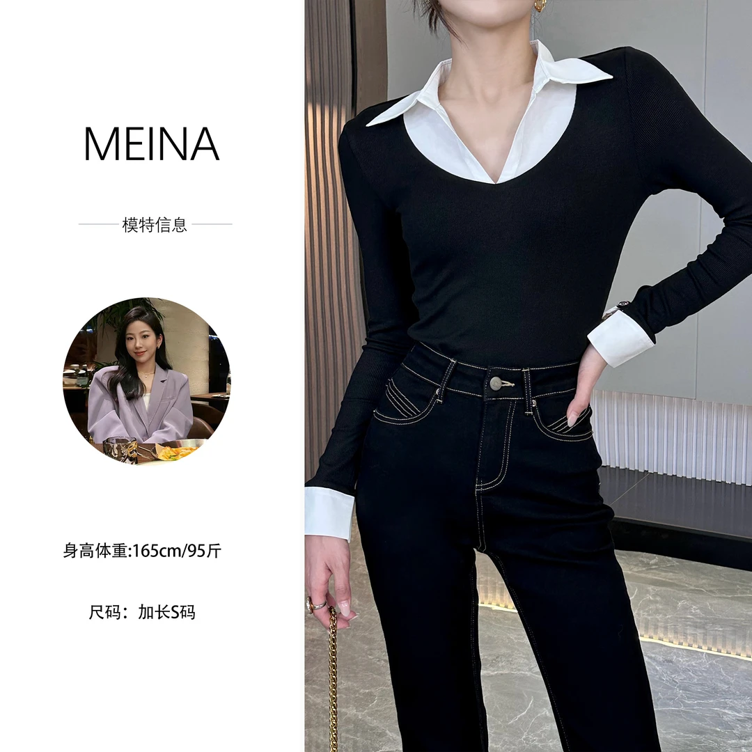 小碗私服【云柔漫步】秋冬Polo领高级显瘦气质百搭假两件气质上衣