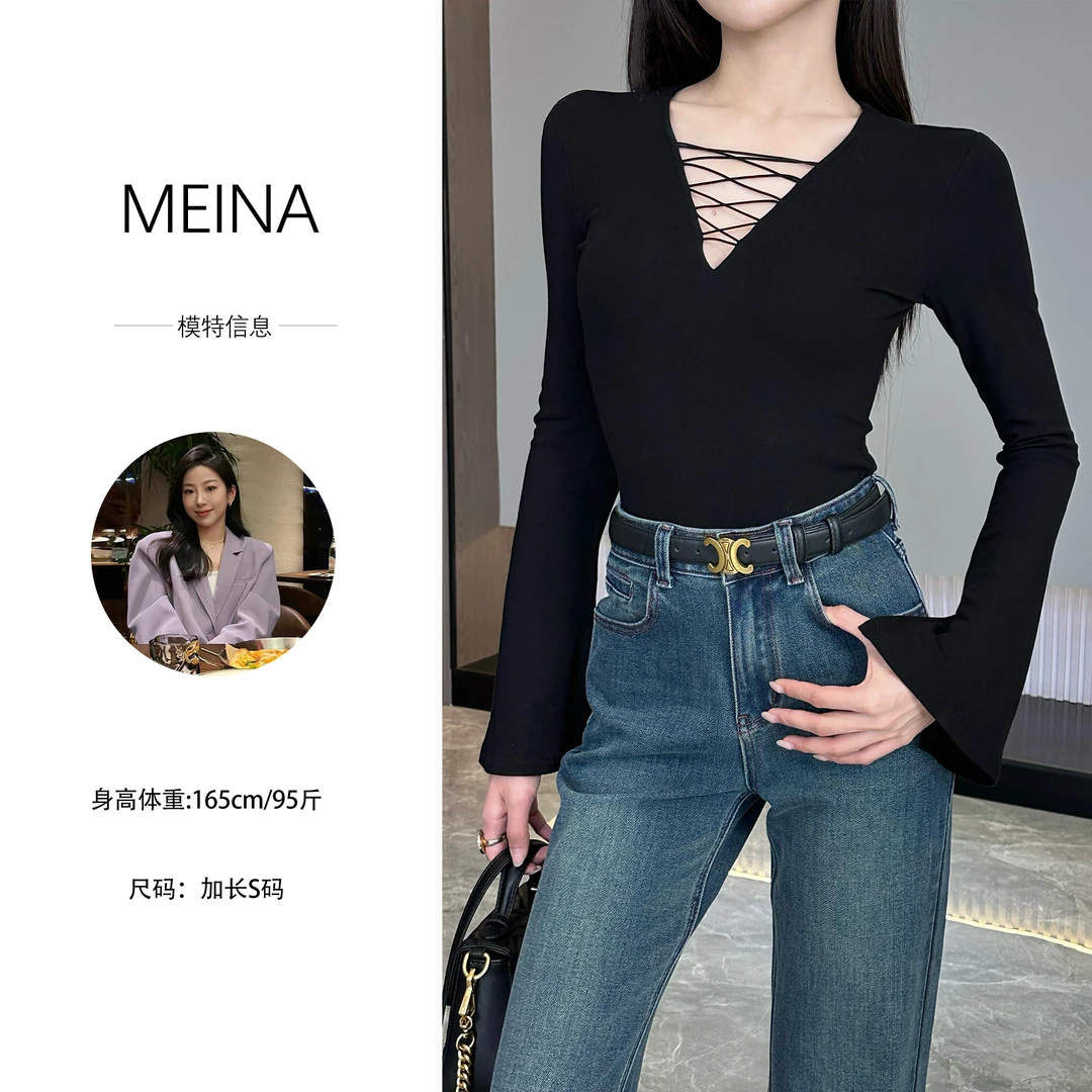MEINA【魅力缪斯】加绒法式气质修身显瘦V领2025收腰设计感上衣
