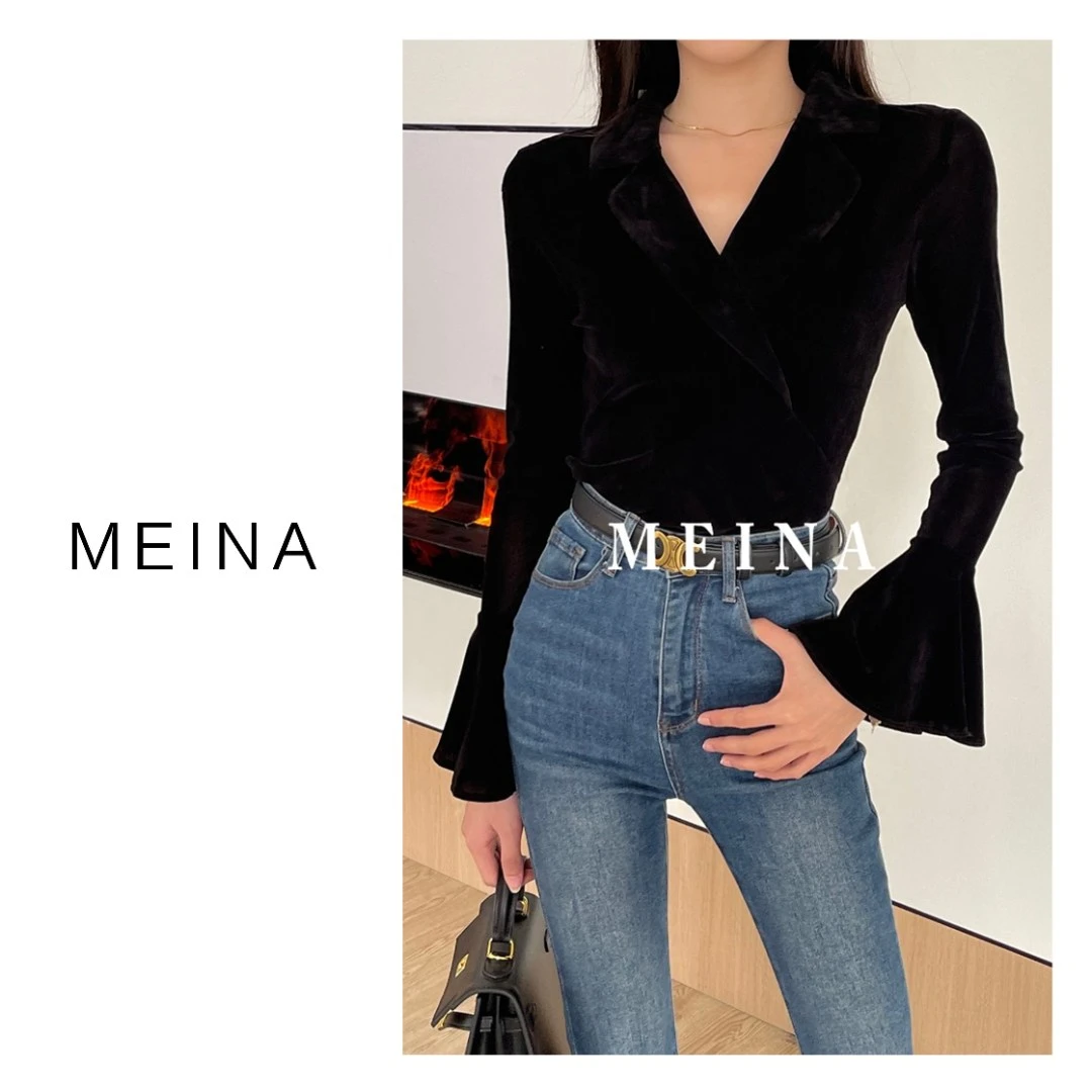MEINA【微透设计感】小骄傲丝绒泡泡袖小众修身显瘦收腰上衣针织衫