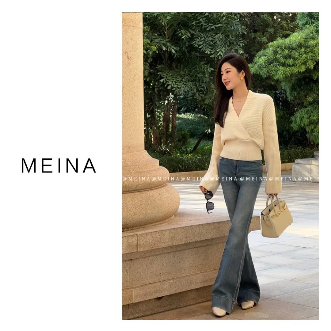 MEINA2【哥本哈根】高腰显瘦弹力做旧喇叭牛仔裤女2025秋冬直筒裤子