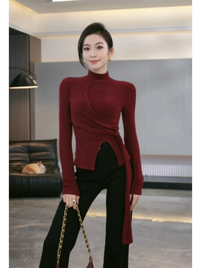 米小兔【霓虹日落】法式秋冬加绒气质百搭拼接设计感红色针织衫上衣