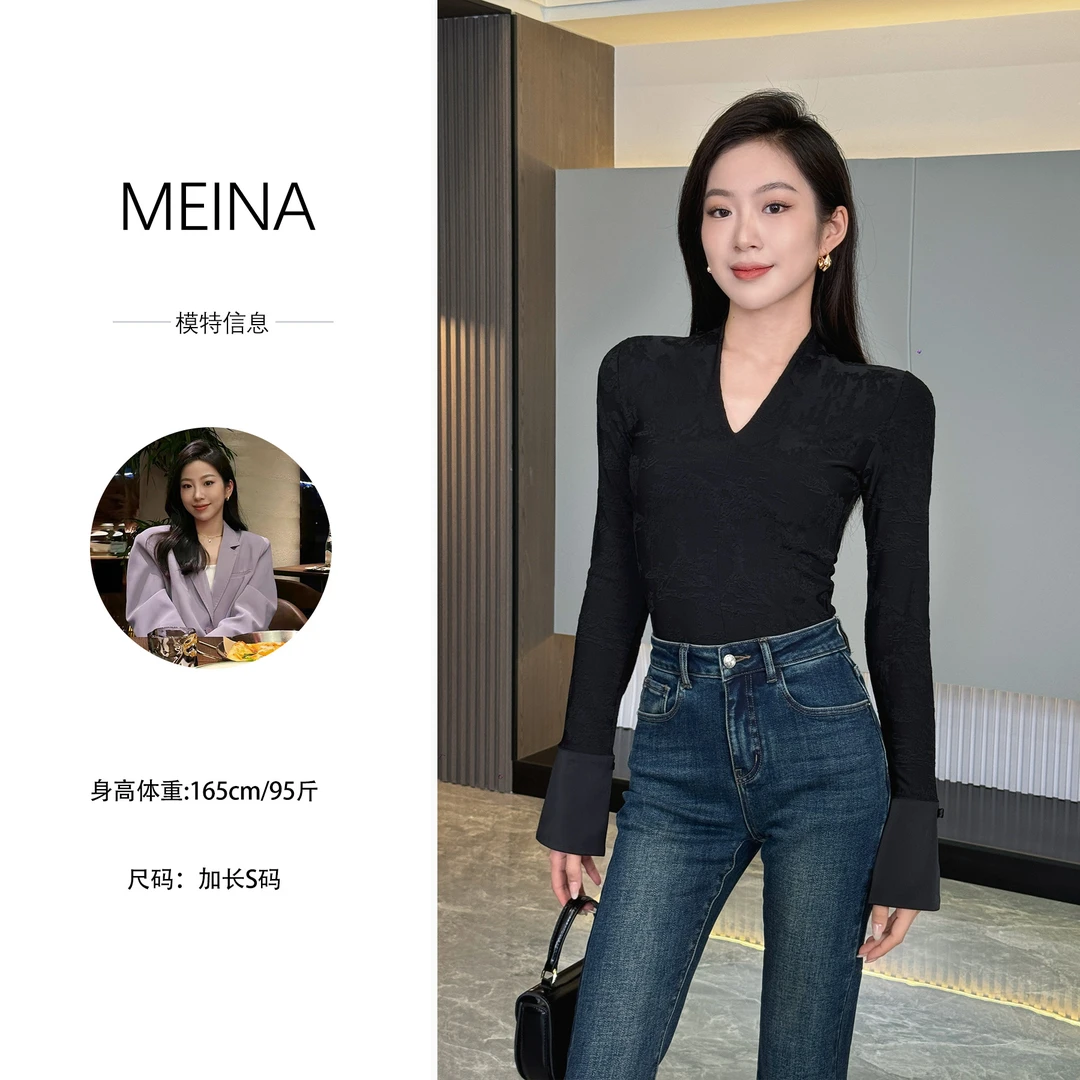 MEINA【中式格调】新中式V领气质百搭修身显瘦2025加绒打底衫上衣