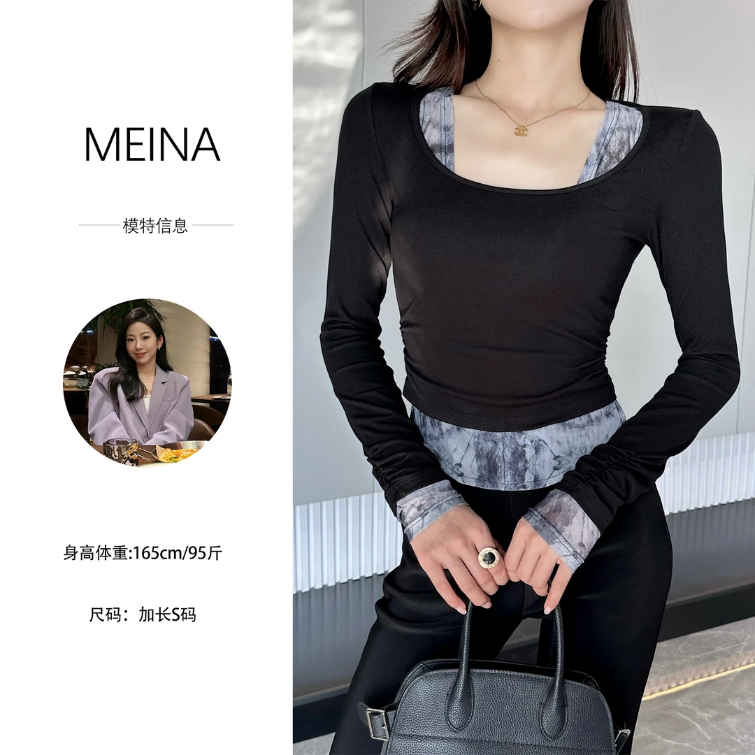 MEINA【清逸出尘】撞色印花拼接假两件早秋复古设计感修身显瘦上衣