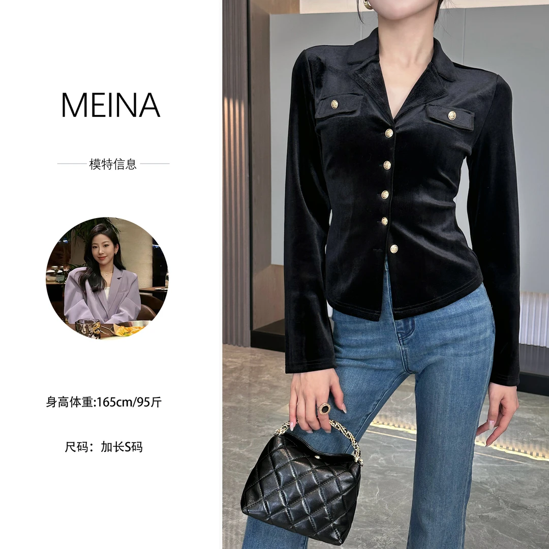 MEINA【云影清墨】显瘦气质长袖丝绒衬衫小众复古设计百搭黑色上衣