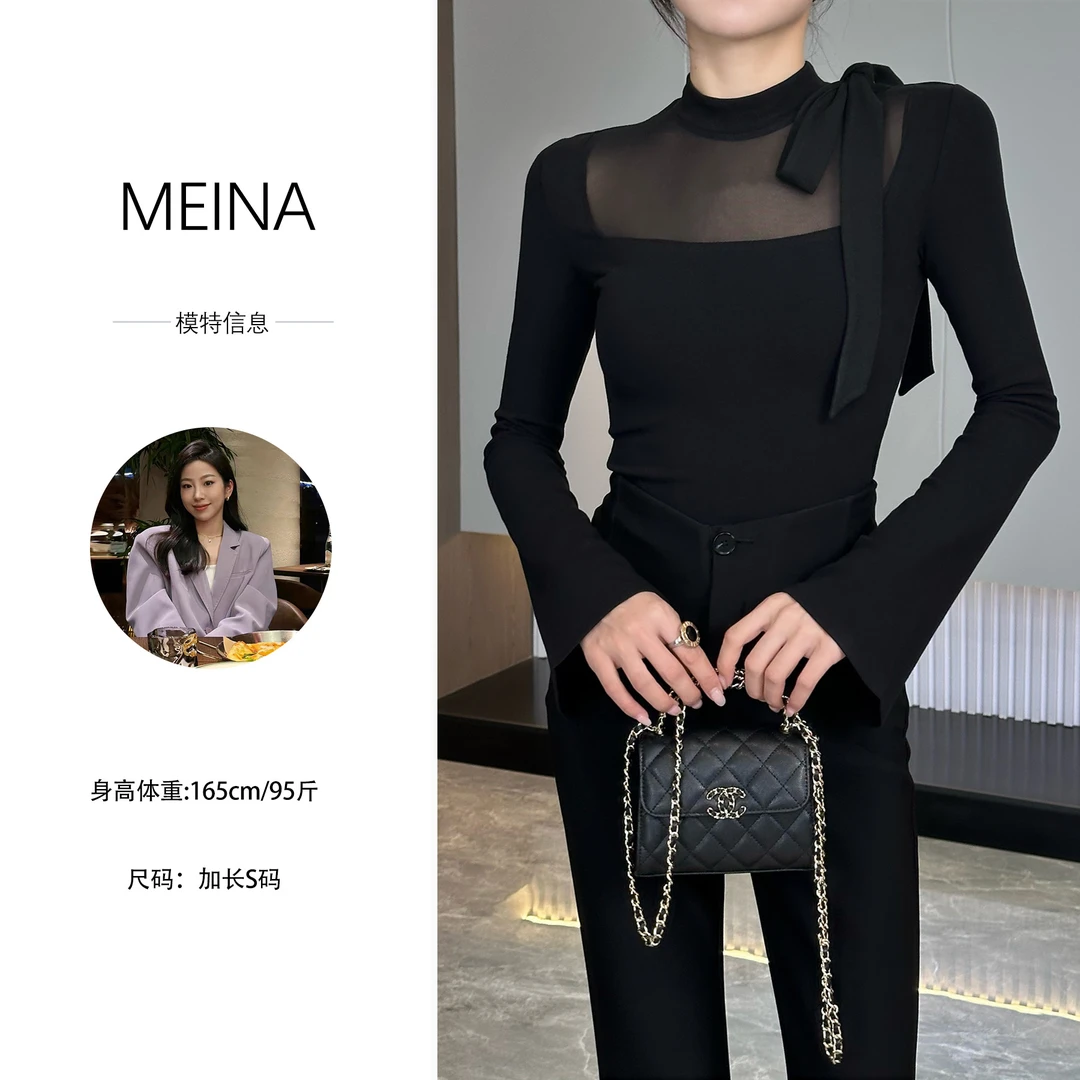 绮总【芬兰雪景】加绒气质纯欲蝴蝶结镂空设计感打底修身显瘦上衣