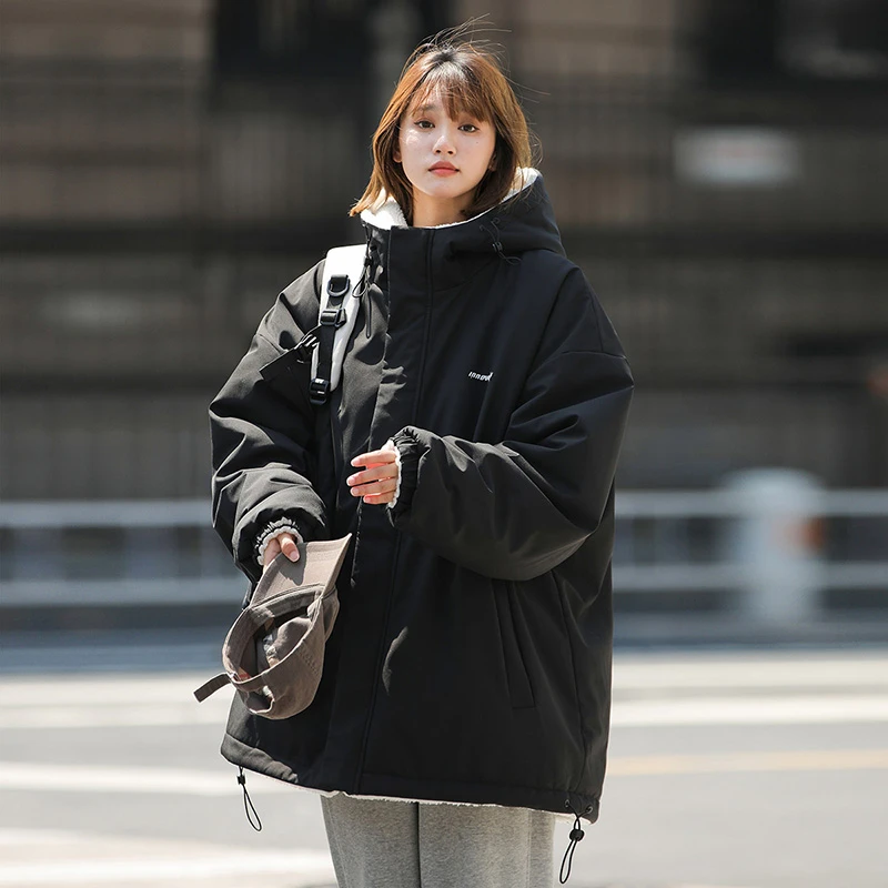 真维斯外套美式连帽棉衣男两面穿羊羔绒冲锋衣棉服男女高级感冬季