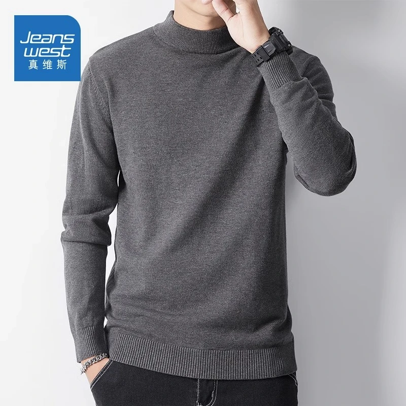 Jeanswest/真维斯高档毛衣早秋季男士半高领纯色保暖针织打底上衣