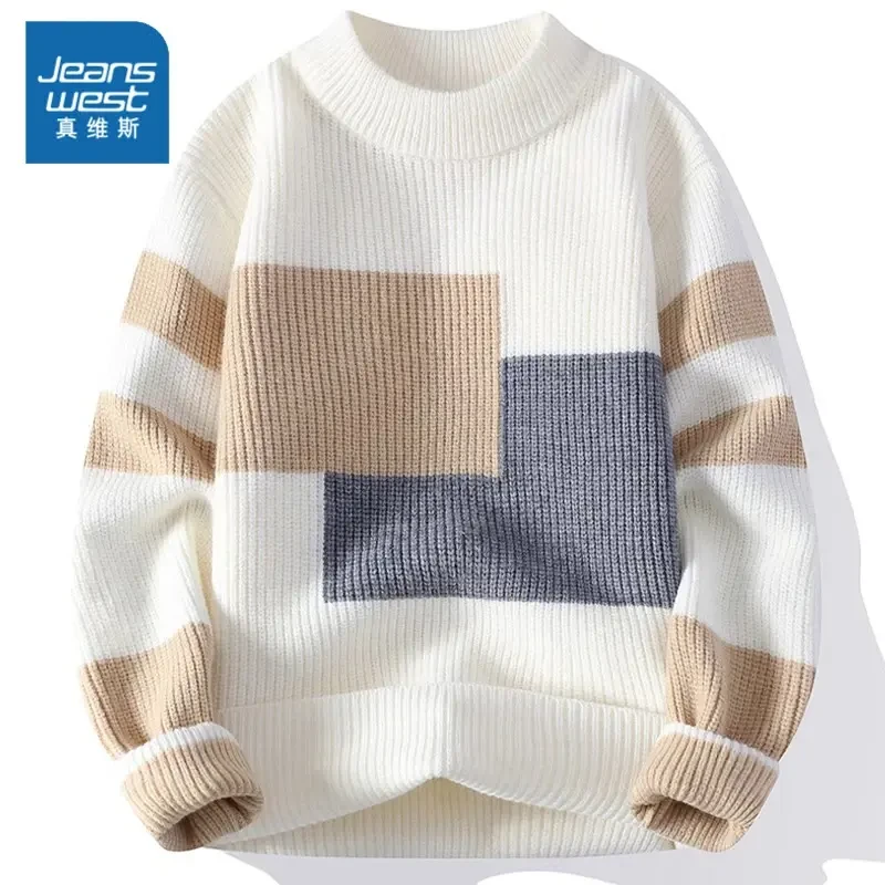 真维斯撞色毛衣男秋季新款保暖潮牌针织衫宽松高级感慵懒保暖线衣