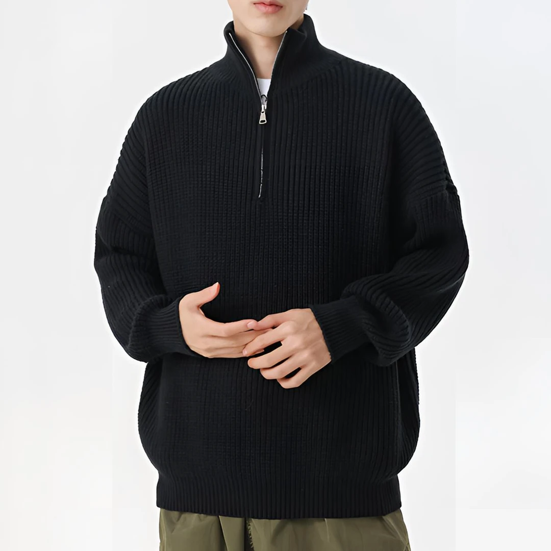 真维斯半拉链黑色毛衣男早秋季厚款保暖内搭潮牌男生半高领针织衫